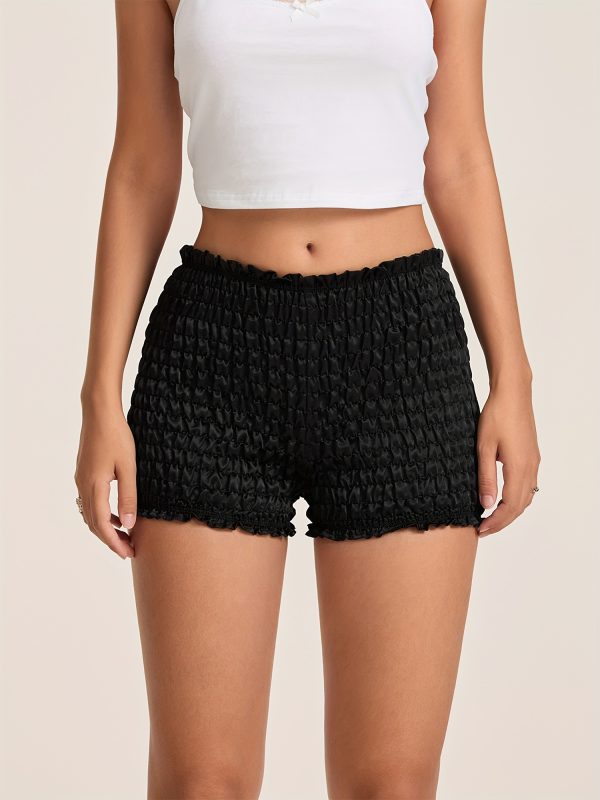 women's summer low rise casual shorts with elastic waistband & ruched detailing solid color non see through fabric, faux button closure, versatile for casual attire