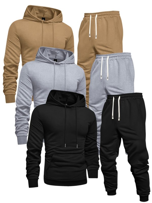 long sleeve 3 pack men's solid color casual sports hoodie and sweatpants set knit polyester, regular fit, elastic waist with drawstring springu002ffall athletic outfit
