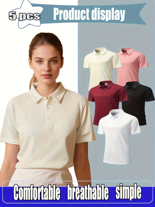 5pcs polo shirt 5pcs women's polo shirt set breathable, comfortable solid color short sleeve polo collar | casual attire, summer blouse, 145gsm