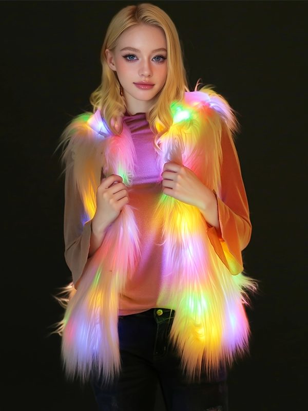 led faux fur vest light up women's led faux fur vest cosplay costume | long sleeves, glittery green to pink neon lights, perfect for halloween, carnival, easter, and stage performances (batteries not included)