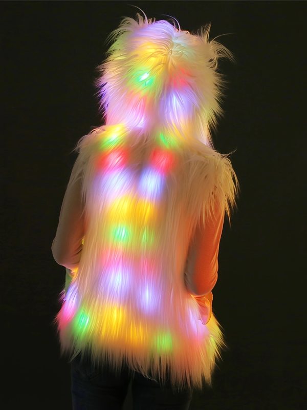 led faux fur vest light up women's led faux fur vest cosplay costume | long sleeves, glittery green to pink neon lights, perfect for halloween, carnival, easter, and stage performances (batteries not included)