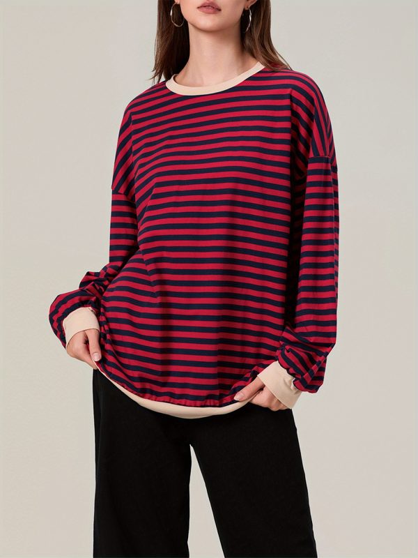 women's striped sweatshirt contrast color long sleeve round neck oversized casual pullover tops