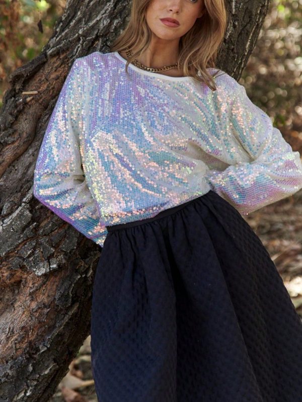 women's casual t shirt chic iridescent sequin long sleeve crop top eye catching design lightweight round neck relaxed fit perfect for springu002ffall party or special occasion wear