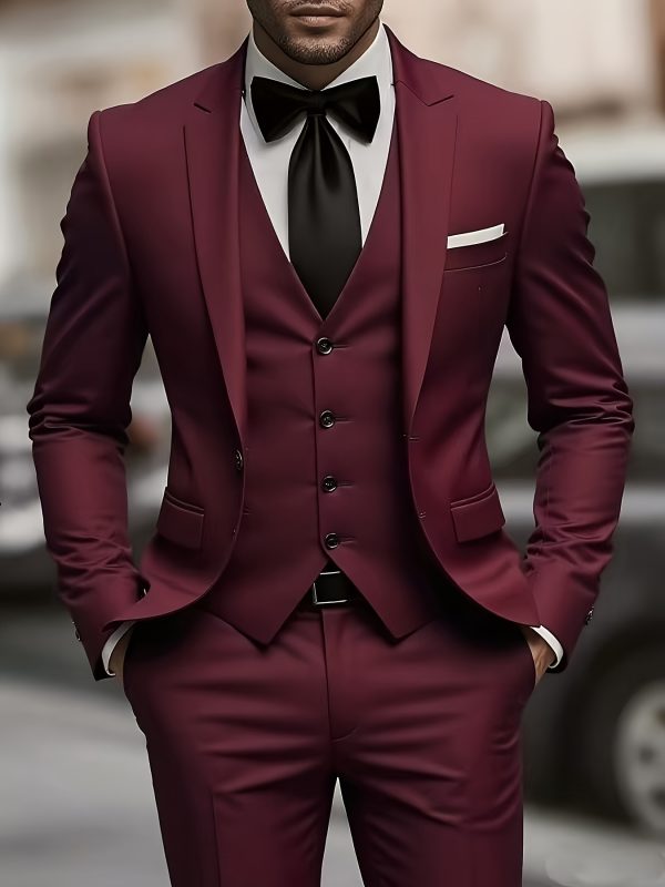 men's 3pcs suit, plain color green fruit collar suit with jacket and formal trousers, suitable for business gatherings, graduation ceremonies, weddings and parties
