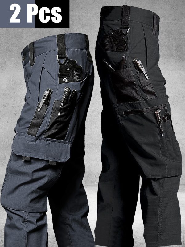 2pcs men's tactical cargo pants, durable multi pocket work pants for outdoor construction work, hiking and trekking, casual tactical pants | adjustable waist pants | hiking gear (no belt)