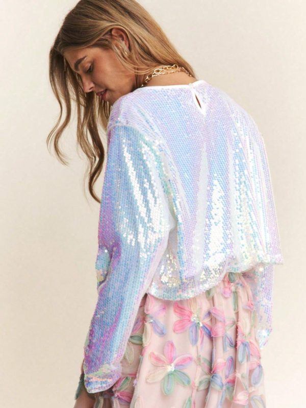 women's casual t shirt chic iridescent sequin long sleeve crop top eye catching design lightweight round neck relaxed fit perfect for springu002ffall party or special occasion wear
