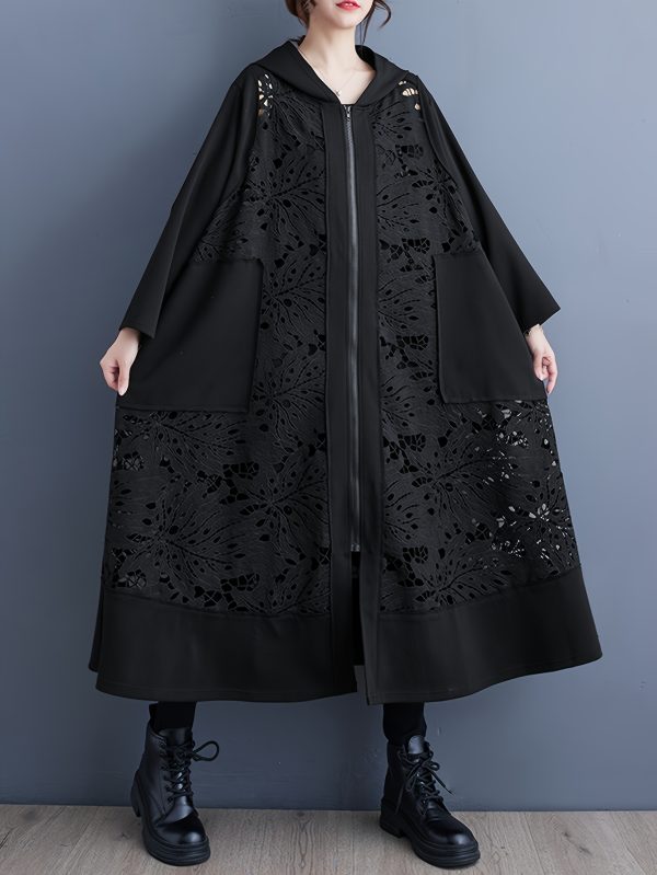 1pc japanese style women's casual long windbreaker loose fit fashion black hooded coat with contrast lace detail, polyester woven solid color outerwear for women suitable for springu002fautumn perfect gift for fashionable ladies