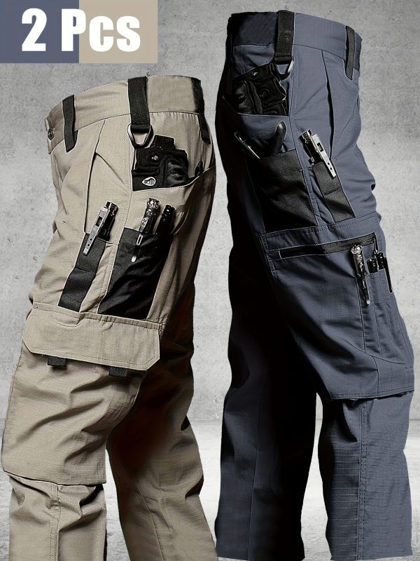 2pcs men's tactical cargo pants, durable multi pocket work pants for outdoor construction work, hiking and trekking, casual tactical pants | adjustable waist pants | hiking gear (no belt)