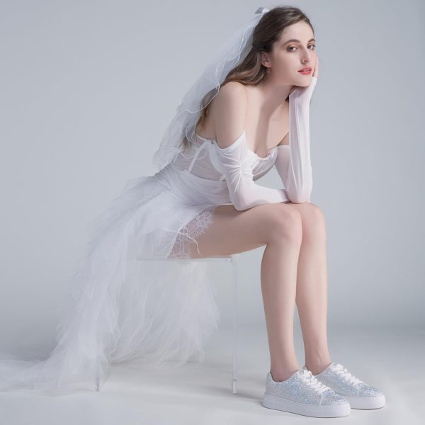 rhinestone sneakers for women, glitter sparkle tennis shoes platform bling silvery fashion sparkly sequin shoes for wedding party bride dress