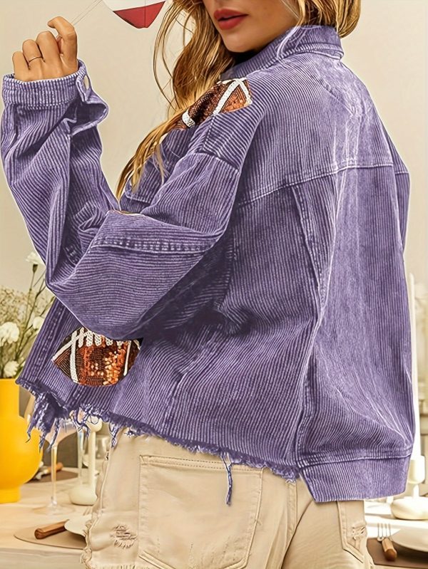 women's distressed cropped corduroy jacket button down vintage football sequin short shacket with pockets