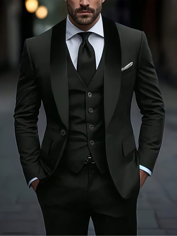 men's 3pcs suit, plain color green fruit collar suit with jacket and formal trousers, suitable for business gatherings, graduation ceremonies, weddings and parties