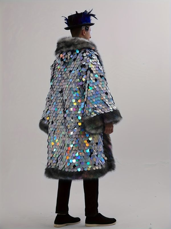 men's led faux fur coat with silvery large sequins, long and hooded, artificial fur winter coat. glowing clothing with flashing lights. suitable for festival parties, performances, various scenes, stage dance party wear (without batteries)