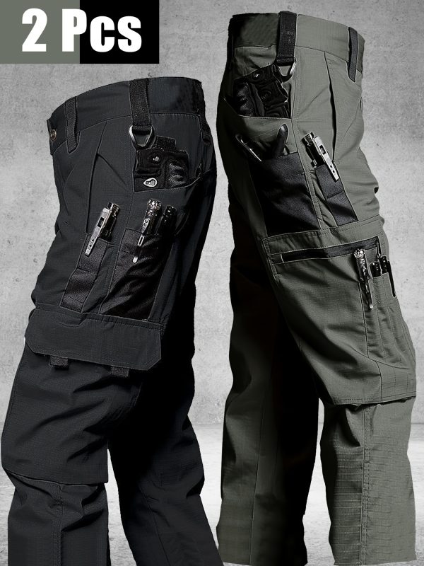 2pcs men's tactical cargo pants, durable multi pocket work pants for outdoor construction work, hiking and trekking, casual tactical pants | adjustable waist pants | hiking gear (no belt)