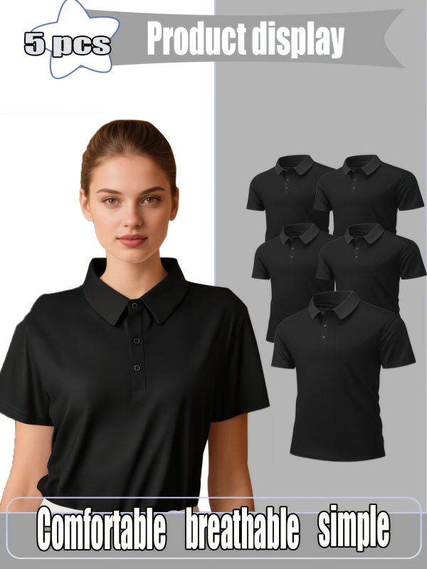 5pcs polo shirt 5pcs women's polo shirt set breathable, comfortable solid color short sleeve polo collar | casual attire, summer blouse, 145gsm