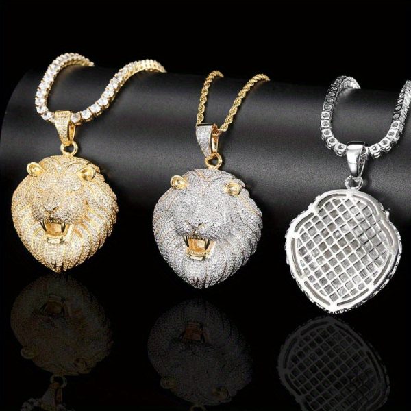 men's 18k golden plated hip hop moissanite lion head pendant necklace sparkling accents, luxury jewelry gift for birthdays, weddings, anniversaries, daily wear