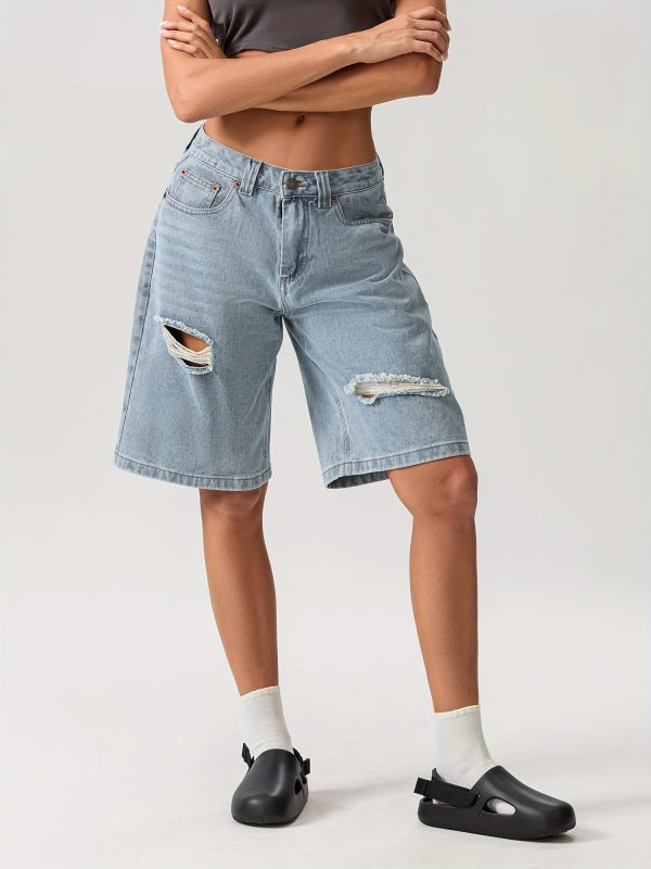 women's high waisted stretchy denim bermuda shorts trendy y2k style, loose fit with ripped detail, perfect for springu002fsummer