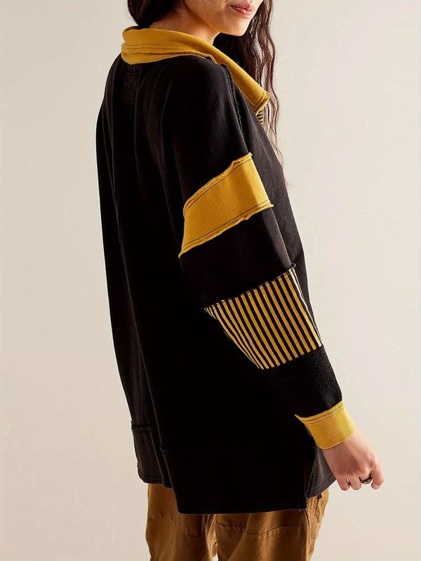 1pc chic v neck color block striped oversized sweatshirt women's long sleeve crewneck hoodie top, cotton blend, woven, preppy fallu002fspring pullover shirt