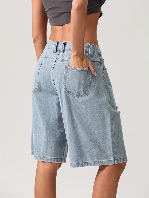 women's high waisted stretchy denim bermuda shorts trendy y2k style, loose fit with ripped detail, perfect for springu002fsummer