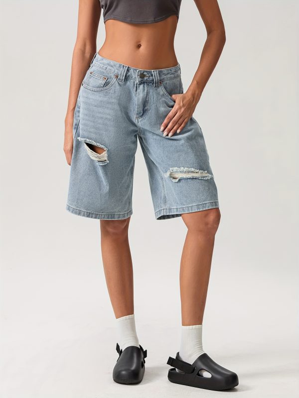 women's high waisted stretchy denim bermuda shorts trendy y2k style, loose fit with ripped detail, perfect for springu002fsummer