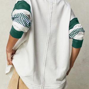 1pc chic v neck color block striped oversized sweatshirt women's long sleeve crewneck hoodie top, cotton blend, woven, preppy fallu002fspring pullover shirt