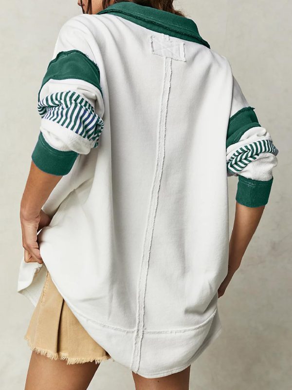 1pc chic v neck color block striped oversized sweatshirt women's long sleeve crewneck hoodie top, cotton blend, woven, preppy fallu002fspring pullover shirt