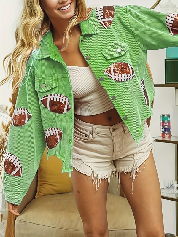 women's distressed cropped corduroy jacket button down vintage football sequin short shacket with pockets