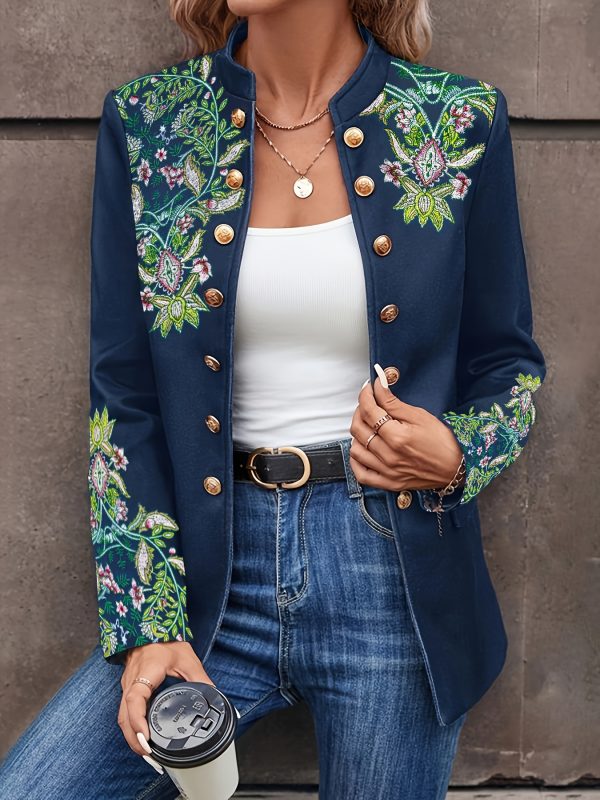 floral embroidered double breasted jacket, elegant long sleeve stand collar vintage jacket for spring & fall, women's clothing