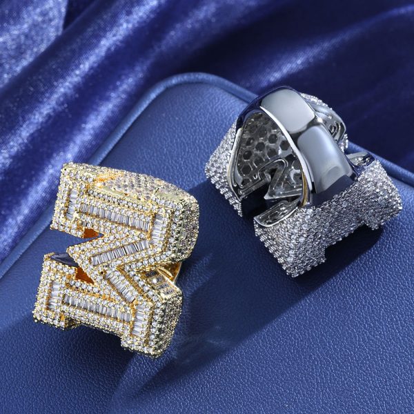 hip hop m shaped zirconia letter ring, men's trendy personality ring