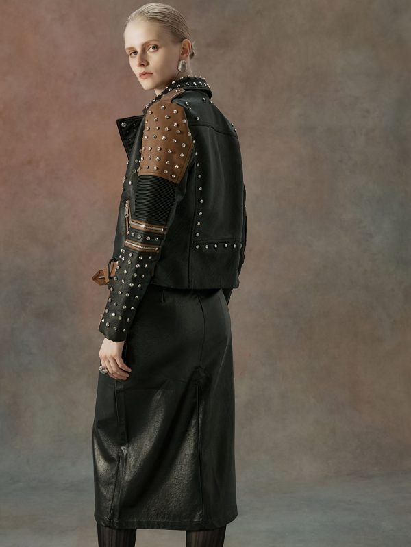 chic moto jacket chic black & white pu leather women's moto jacket rivet studded, long sleeve, zip up, diamond rivet details, viscoseu002fpolyester blend, casual outerwear for spring & fall with belt