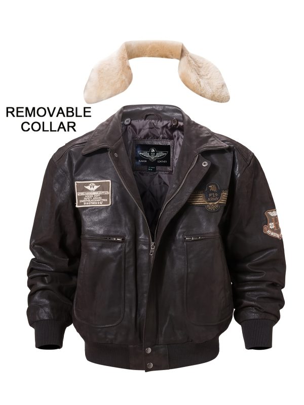 flavor men's real leather bomber jacket with removable faux fur polyester collar aviator