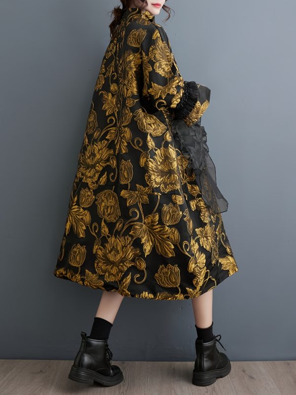 women's stylish black and golden sunflower print dress with pockets loose fit, long sleeve, high neck, casual style, polyester fabric, allseason wear, casual dressing | floral print dress | polyester dress