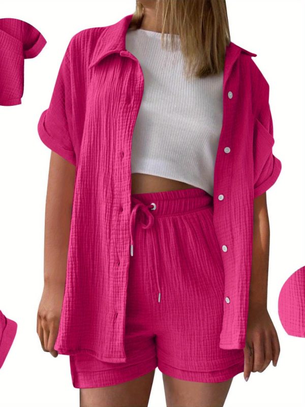 womens shorts shirts casual set short sleeve drop shoulder t shirt with drawstring pocket shorts solid color lounge outfit breathable two piece set elastic waist summer loungewear