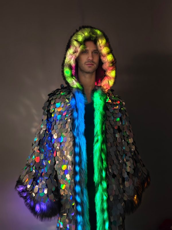 men's led faux fur coat with silvery large sequins, long and hooded, artificial fur winter coat. glowing clothing with flashing lights. suitable for festival parties, performances, various scenes, stage dance party wear (without batteries)