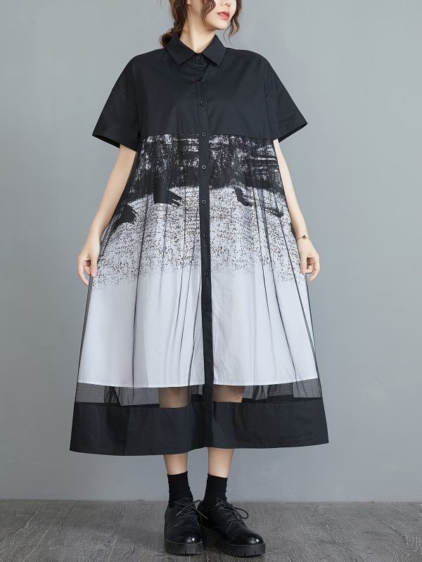 floral midi dress floral a line midi dress | women's casual short sleeve, button up collar, black to white gradient, loose fit for all seasons with sheer mesh panel