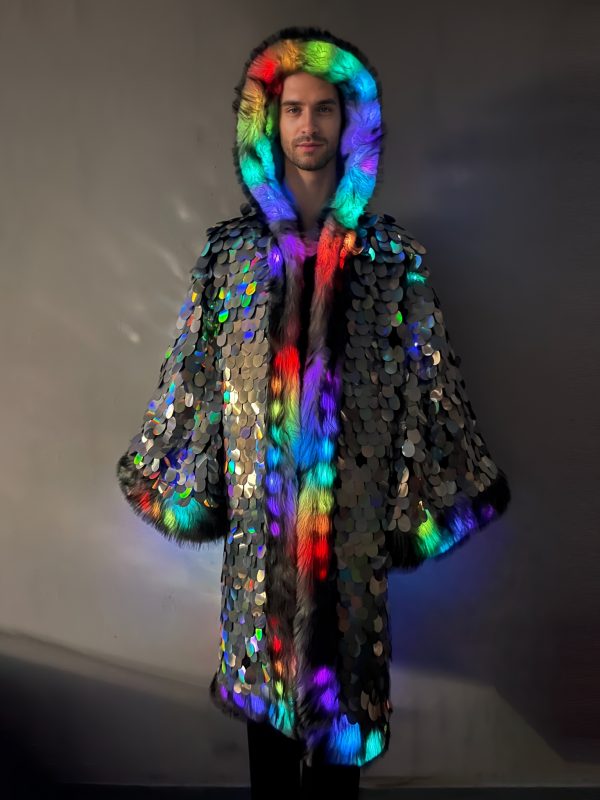 men's led faux fur coat with silvery large sequins, long and hooded, artificial fur winter coat. glowing clothing with flashing lights. suitable for festival parties, performances, various scenes, stage dance party wear (without batteries)