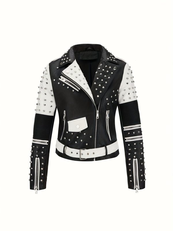 chic moto jacket chic black & white pu leather women's moto jacket rivet studded, long sleeve, zip up, diamond rivet details, viscoseu002fpolyester blend, casual outerwear for spring & fall with belt