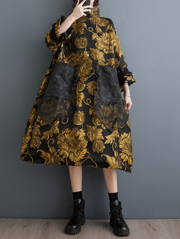 women's stylish black and golden sunflower print dress with pockets loose fit, long sleeve, high neck, casual style, polyester fabric, allseason wear, casual dressing | floral print dress | polyester dress