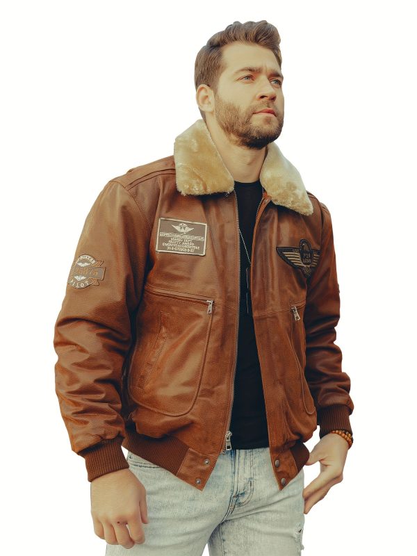 flavor men's real leather bomber jacket with removable faux fur polyester collar aviator