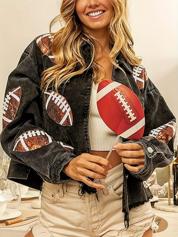 women's distressed cropped corduroy jacket button down vintage football sequin short shacket with pockets