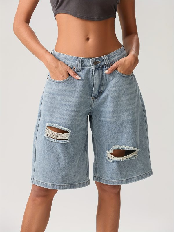 women's high waisted stretchy denim bermuda shorts trendy y2k style, loose fit with ripped detail, perfect for springu002fsummer