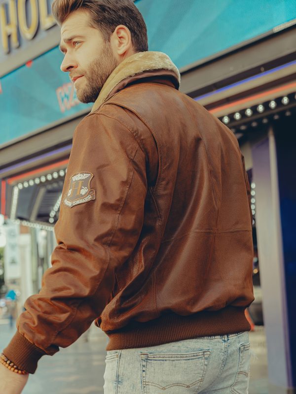 flavor men's real leather bomber jacket with removable faux fur polyester collar aviator