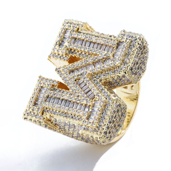 hip hop m shaped zirconia letter ring, men's trendy personality ring