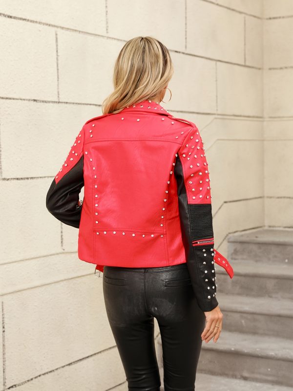 chic moto jacket chic black & white pu leather women's moto jacket rivet studded, long sleeve, zip up, diamond rivet details, viscoseu002fpolyester blend, casual outerwear for spring & fall with belt