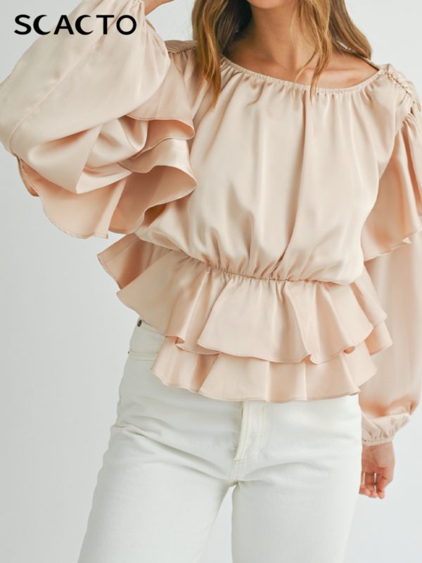 beige long sleeve top with ruffled layered design, round neck style, suitable for daily casual or stylish matching