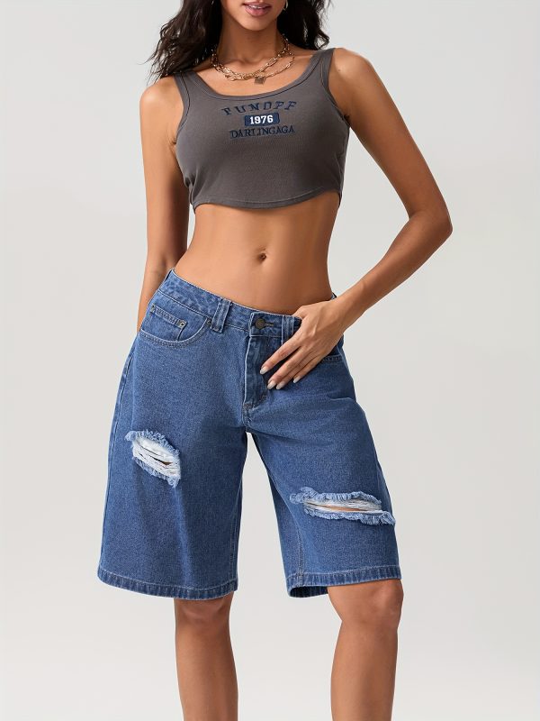 women's high waisted stretchy denim bermuda shorts trendy y2k style, loose fit with ripped detail, perfect for springu002fsummer
