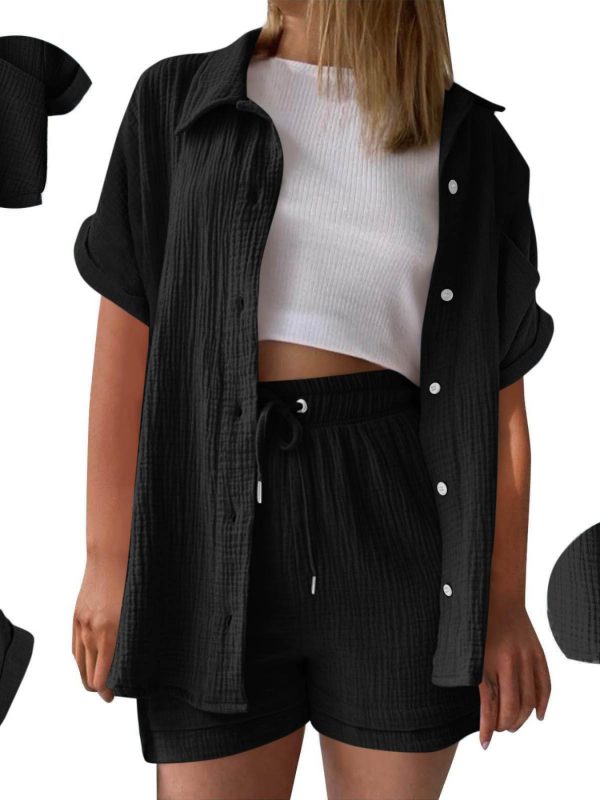 womens shorts shirts casual set short sleeve drop shoulder t shirt with drawstring pocket shorts solid color lounge outfit breathable two piece set elastic waist summer loungewear