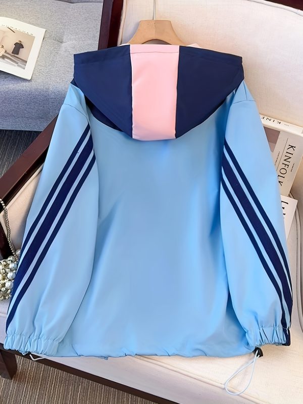 women's spring and autumn 2025 new sporty style jacket in candy color with contrasting side stripes, letter decals, hooded drawstring zipper cardigan jacket with pockets for casual all match wear