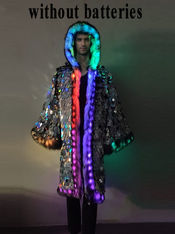 men's led faux fur coat with silvery large sequins, long and hooded, artificial fur winter coat. glowing clothing with flashing lights. suitable for festival parties, performances, various scenes, stage dance party wear (without batteries)