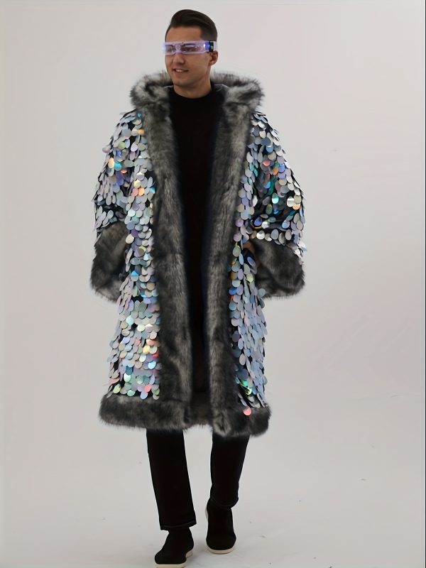 men's led faux fur coat with silvery large sequins, long and hooded, artificial fur winter coat. glowing clothing with flashing lights. suitable for festival parties, performances, various scenes, stage dance party wear (without batteries)