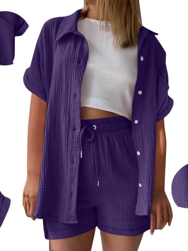 womens shorts shirts casual set short sleeve drop shoulder t shirt with drawstring pocket shorts solid color lounge outfit breathable two piece set elastic waist summer loungewear